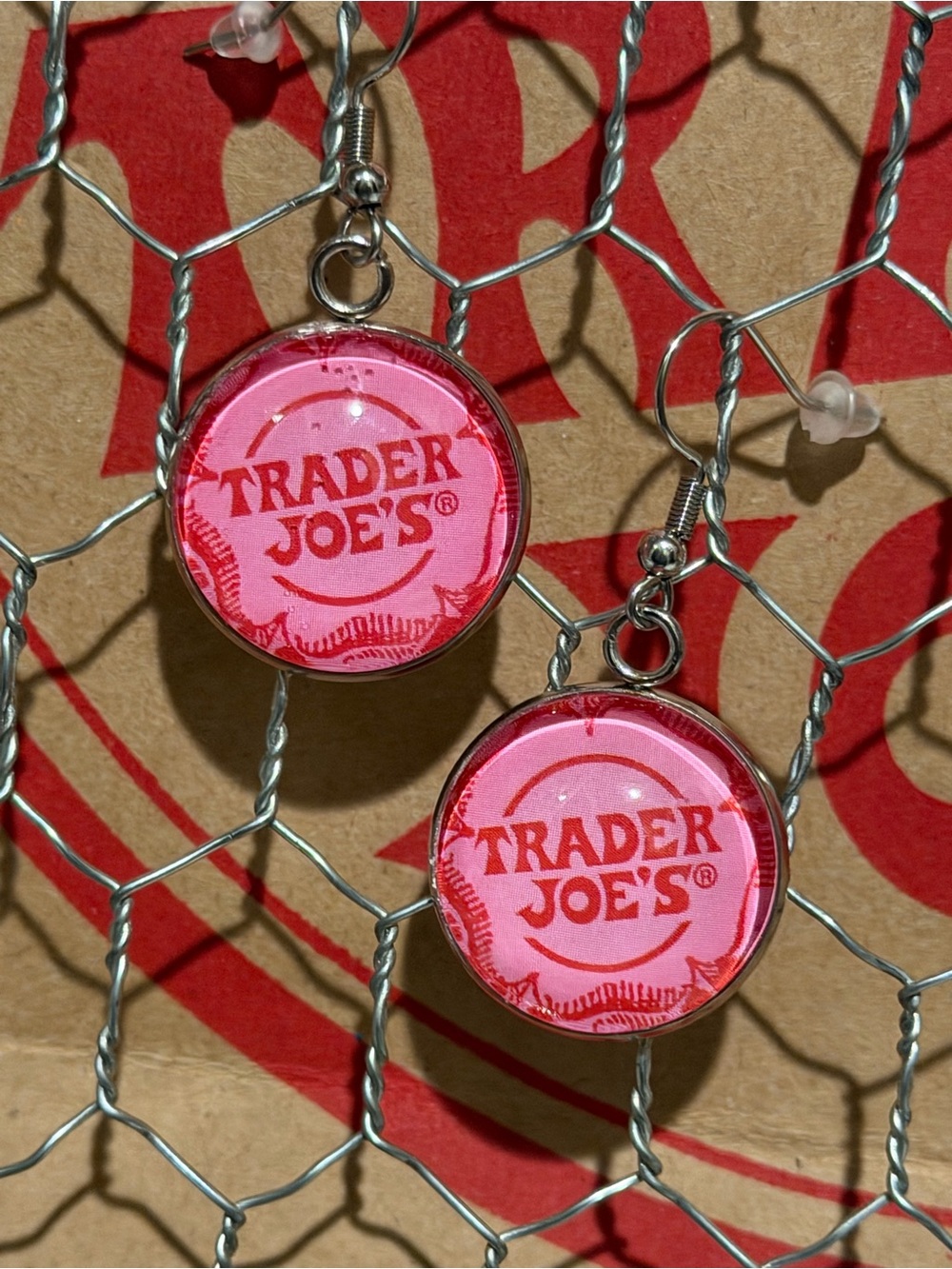 Trader Joe’s earrings 20mm pink logo